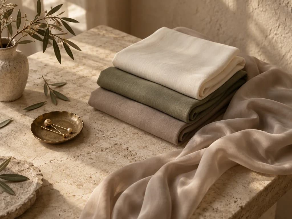 Folded ivory, sage and taupe fabrics with gold pins in the ANILLIÉA atelier