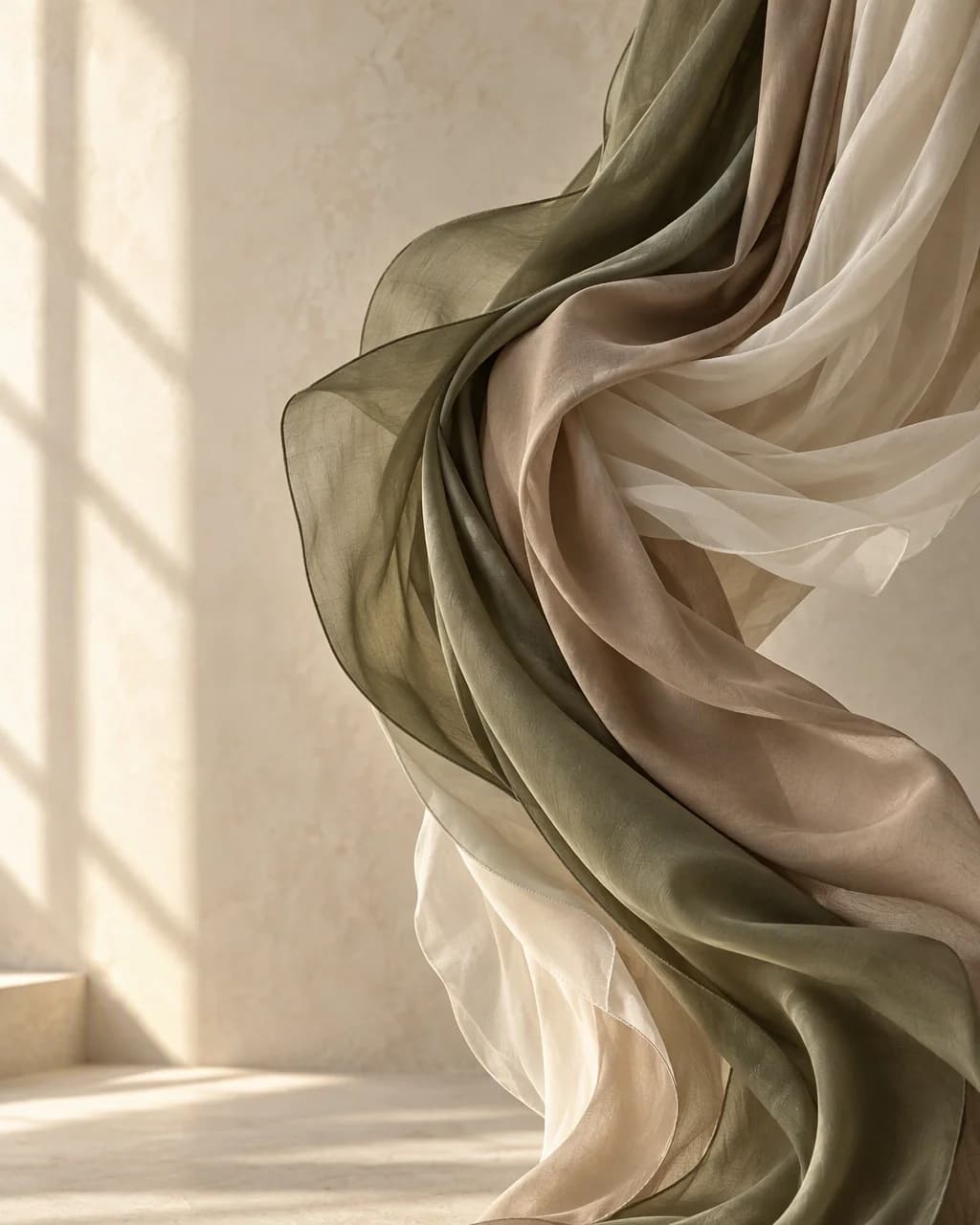Layers of sage, taupe and ivory silk drapery in soft window light